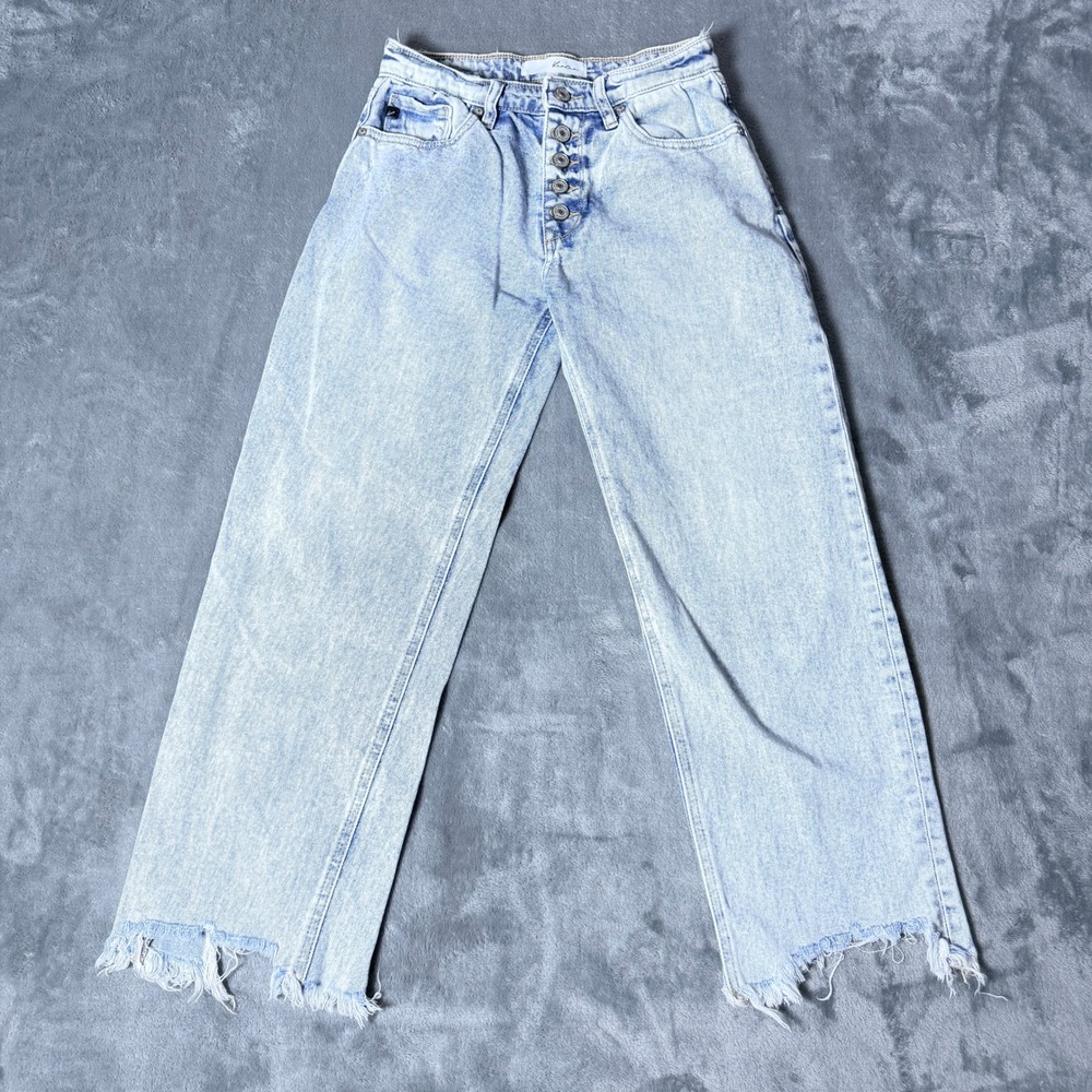 KanCan Womens SZ 25 High Rise Wide Leg Jeans Light Acid Wash Frayed‎ Button Fly